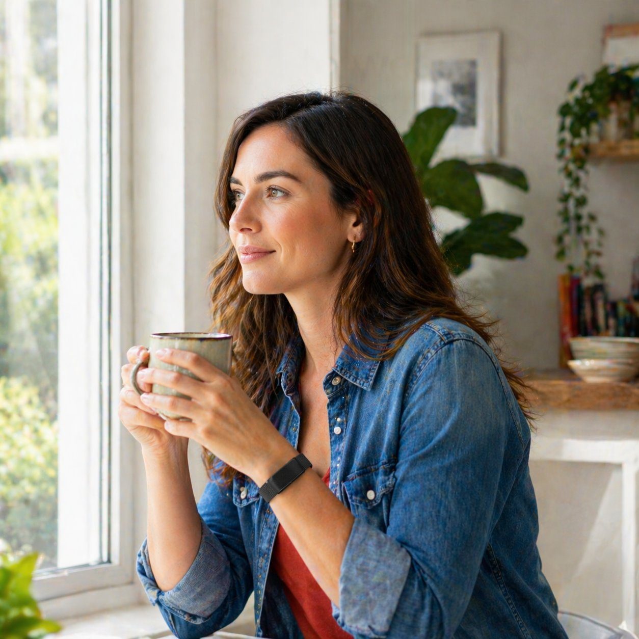 Woman wearing DuckDik Health band at home
