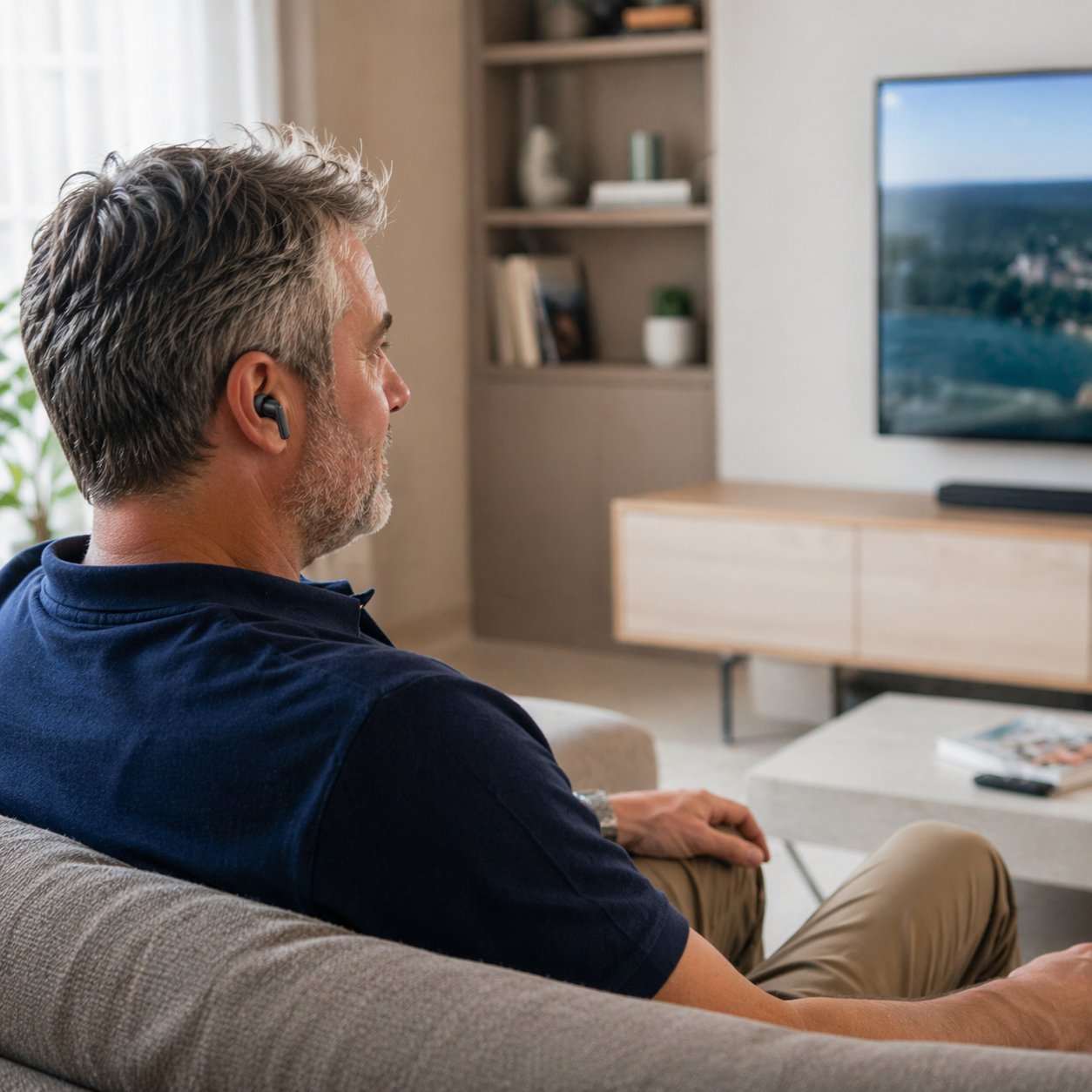 Man at home wearing HearClear earbuds