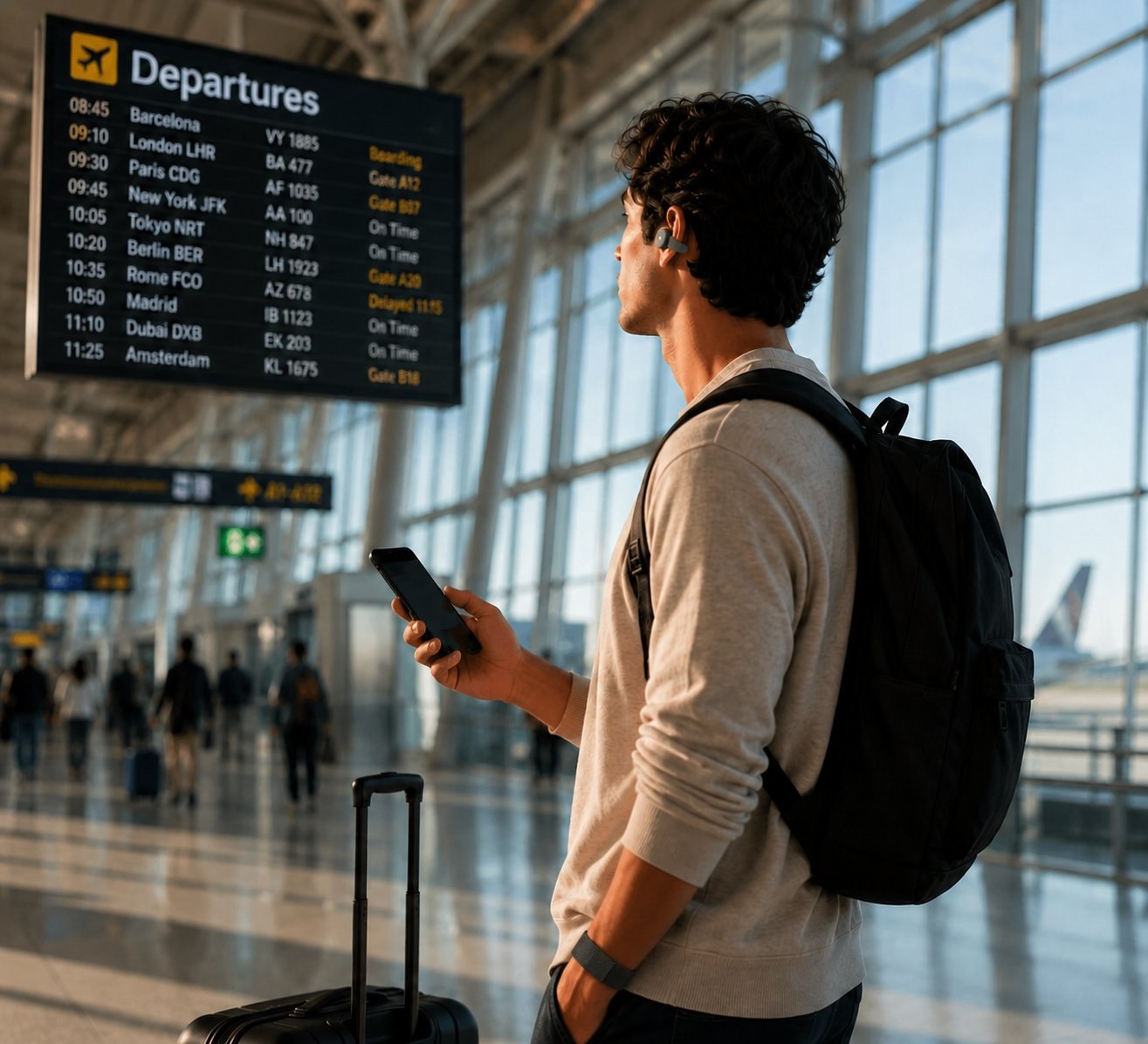 Viajero en aeropuerto con DuckDik Sense — autonomía 45 días