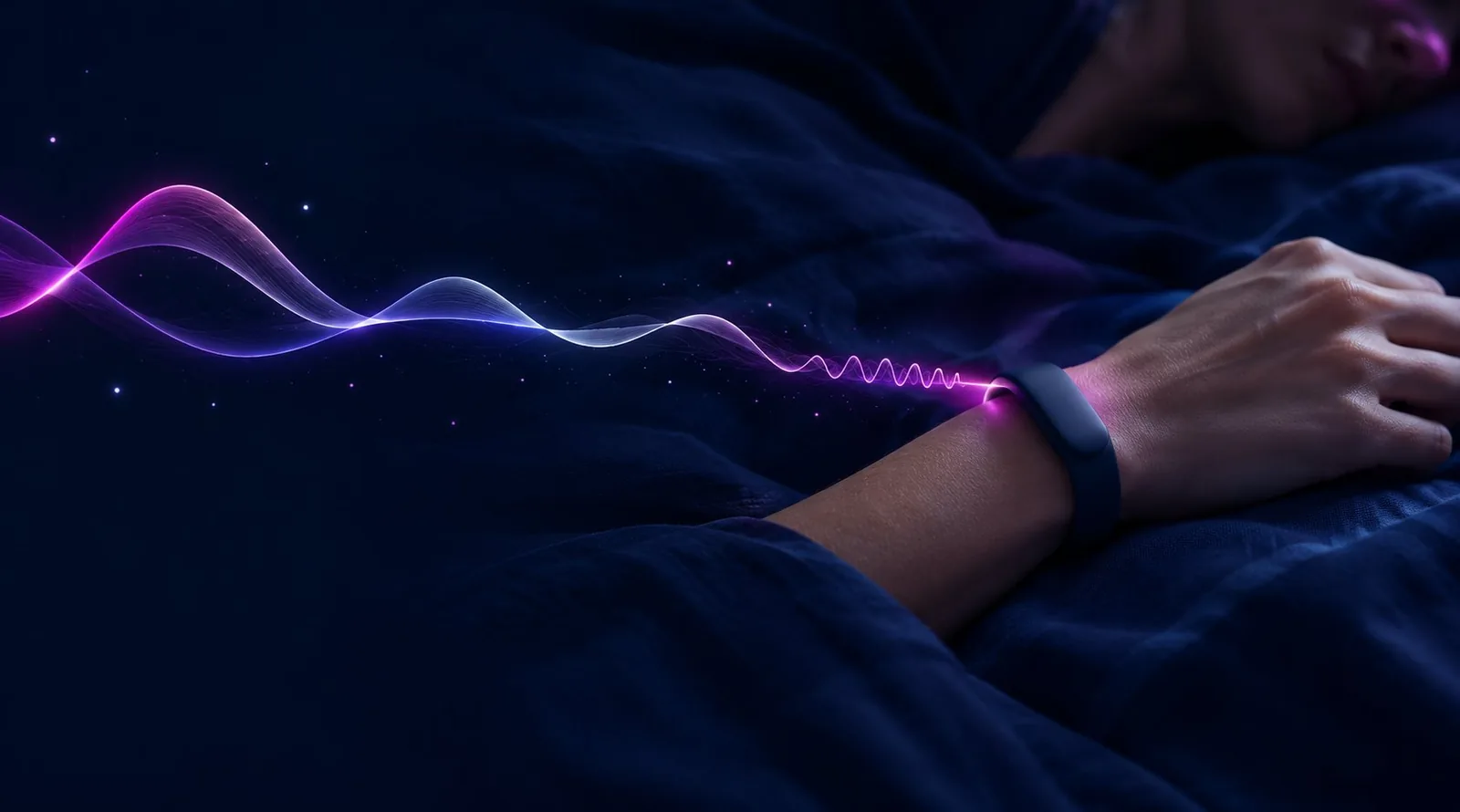 Muñeca dormida con una pulsera sin pantalla de la que sale una onda de luz magenta