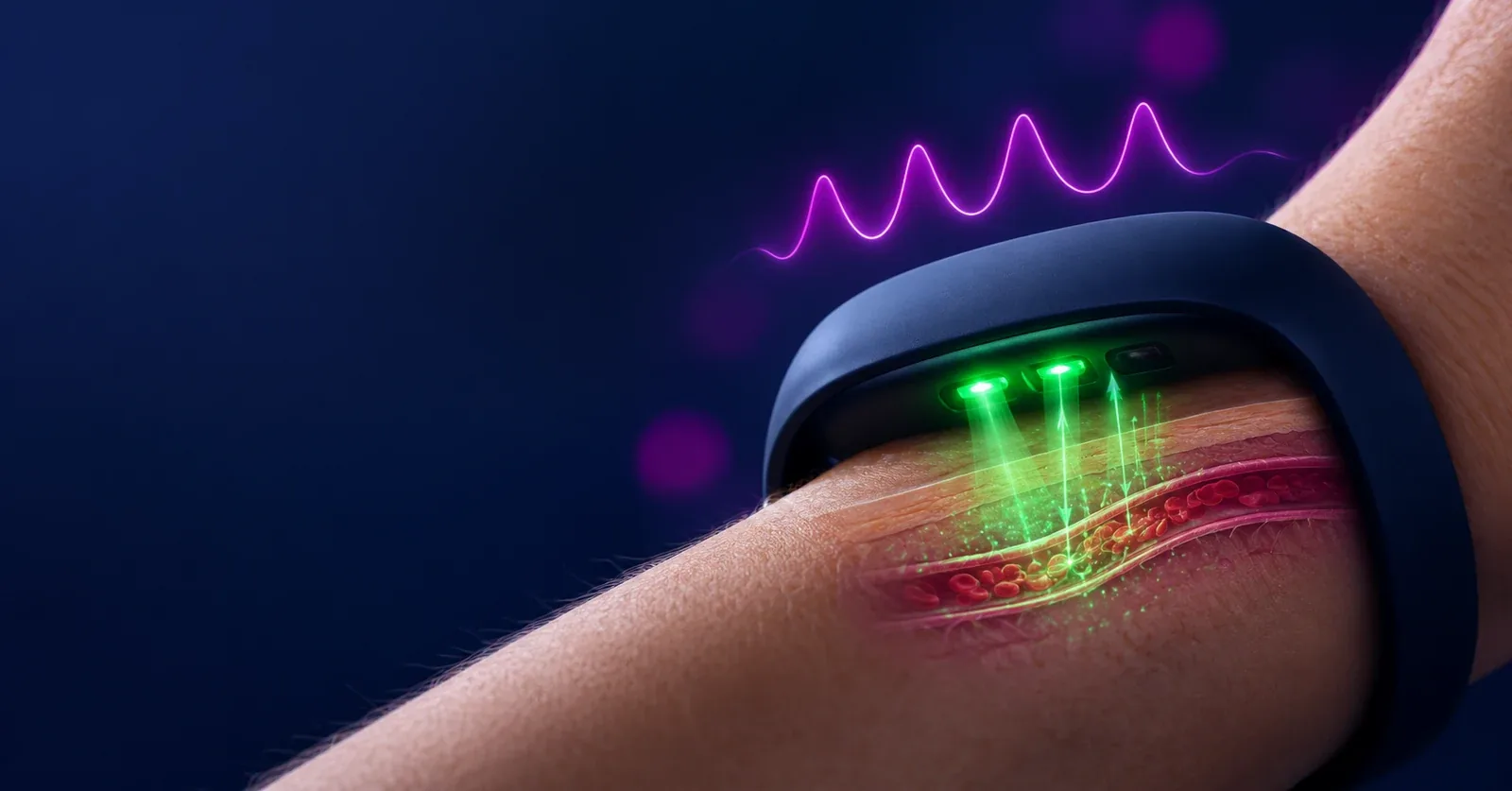 Sensor óptico dunha pulseira emitindo luz verde sobre a pel do pulso